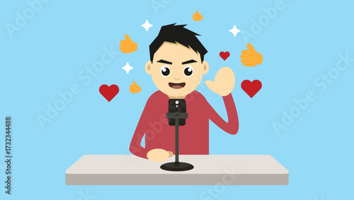 Cartoon Podcaster with Microphone and Social Media Reactions