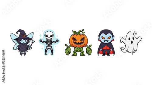 Cute Halloween Characters in line: A charming ensemble of cartoonish Halloween icons, including a fairy, skeleton, Jack-o'-lantern, vampire, and ghost, arranged in a playful line.
