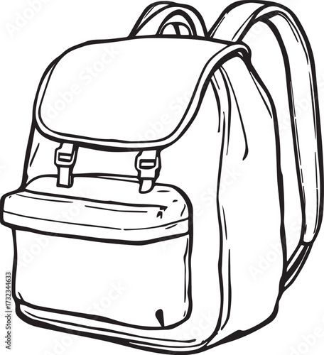 Backpack: A hand-drawn illustration captures the classic design of a backpack, rendered in a clean, graphic style, emphasizing simplicity and functionality.
