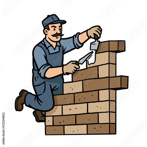 Mason worker applying adhesive to decorative bricks during repair  