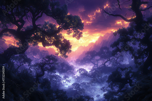 Enchanted Dark Fantasy Forest Panorama with Misty Ambiance, Twisted Trees, and Halloween Spooky Atmosphere on Haunted Landscape Background