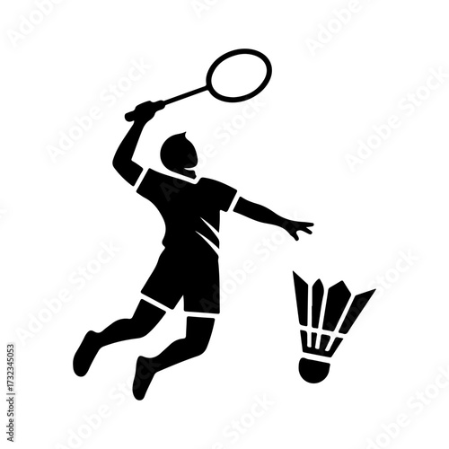 Minimalist Flat Vector Silhouette Icon of Badminton Player and Shuttlecock