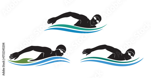 "Swimmer Silhouette Logo with Wave Design Vector Illustration"