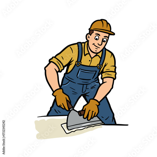 Construction worker applying epoxy compound with a trowel  