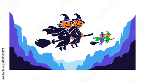 Whimsical Witches' Flight: A cheerful gathering of witches, including two pumpkin-headed figures, soar joyfully across a twilight sky on their trusty broomsticks.