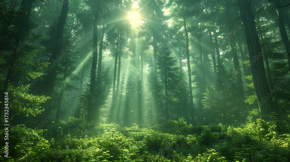 Obraz premium Whimsical Enchanted Forest with Moss-Covered Evergreen Trees, Mystical Ambiance, and Ancient Magic within the Canopy