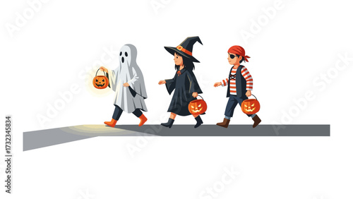 Halloween Parade: Spooky procession featuring a ghostly figure, a bewitching witch, and a daring pirate, each carrying a glowing pumpkin lantern along a sidewalk path and ready for treats. 