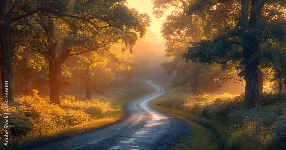 Obraz premium Serene Morning Forest Road with Warm Lighting and Lush Greenery, Perfect for Outdoor Photography or Illustration