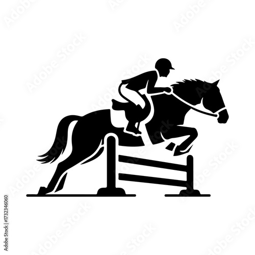 Flat Vector Silhouette of Horse and Rider Jumping Over Obstacle