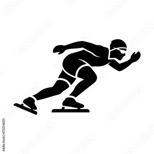 Flat Vector Silhouette of Speed Skater in Racing Pose on White