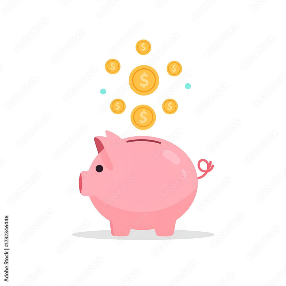 Obraz premium Illustration of a pink piggy bank with gold dollar coins falling into it, representing saving money, investment, and financial planning