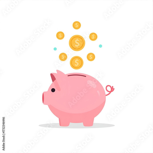 Illustration of a pink piggy bank with gold dollar coins falling into it, representing saving money, investment, and financial planning