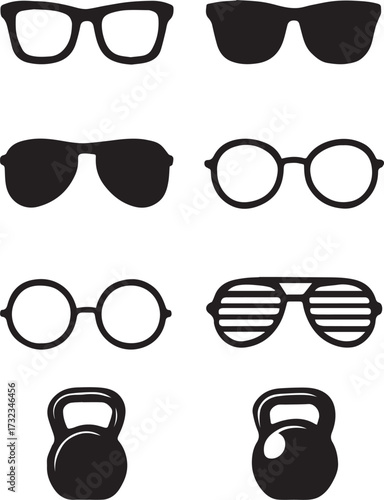 Eye Glasses and Kettlebell Silhouette: A collection of diverse eyeglass designs are artfully arranged. Accompanied by a symbol of strength, the kettlebell.