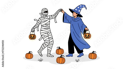 Halloween Waltz: a whimsical illustration captures a mummy and a wizard, engaged in a joyful dance. pumpkins add a festive touch to this playful scene.