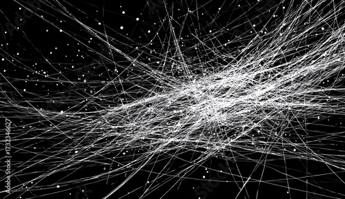 Abstract white lines, dots on black background. Chaotic design creates depth