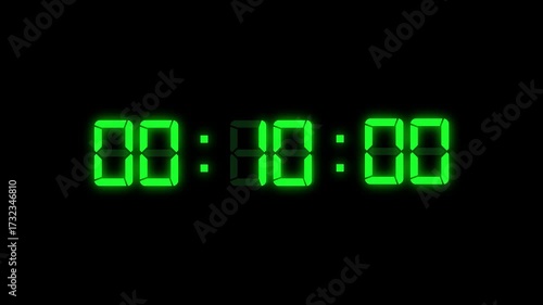  Countdown video with alpha channel. digital stopwatch count up with minutes, seconds, milliseconds from 15 to 0 seconds in black, reverse fifteen seconds digital countdown green timer animation.
