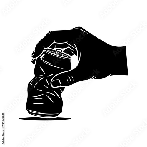 Bold Monochrome Vector Graphic of Hand Crushing Recyclable Beverage Can