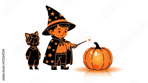 Halloween Spell: A captivating cartoon featuring a child wizard conjuring magic on Halloween. the festive atmosphere captures a touch of childhood fantasy 