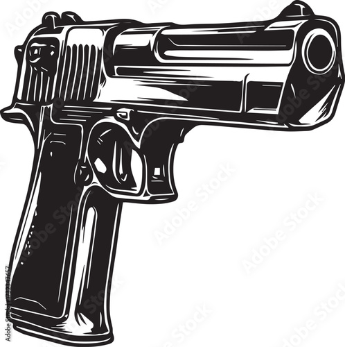 Black and white handgun vector illustration, bold semi-automatic pistol design for tactical, law, and graphic use