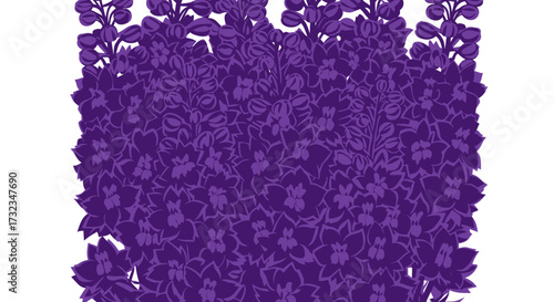 Dense, purple flower pattern on a white background. Many blooms are layered, some small buds visible