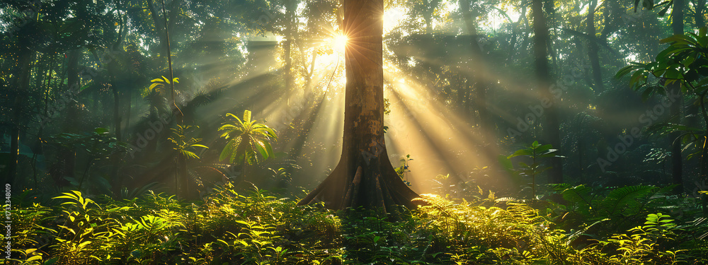 Fototapeta premium Breathtaking Earth Day Concept: Tropical Forest Preservation Scene with Canopy Tree in Wild Natural Setting, Highlighting Sustainability and Renewable Energy, Ideal for Eco-Friendly Brands