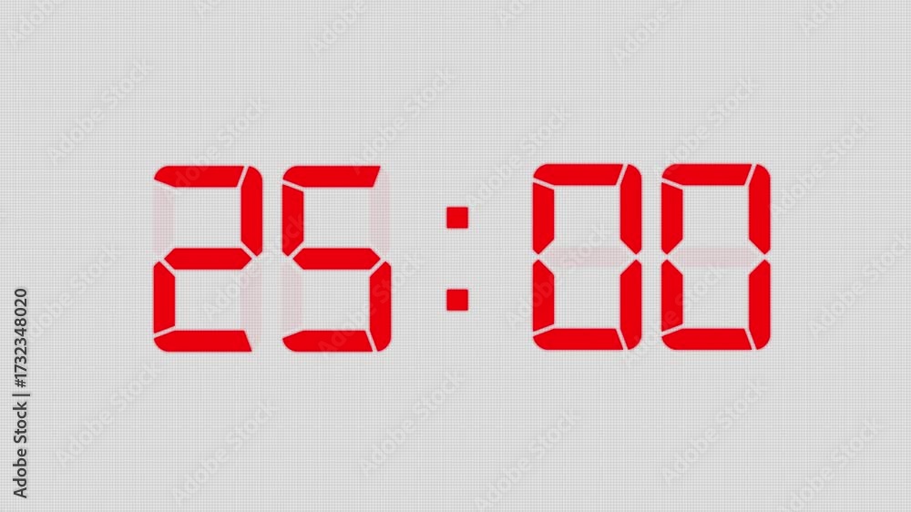 Digital 30s reverse clock timer animation, electronic display. Clock timer 30-second countdown in opposite direction, digital electronic segment display. Digital 30-second countdown timer.