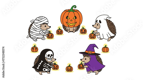 Hedgehog Halloween Party: Adorable hedgehogs dressed in spooky Halloween costumes — mummy, ghost, skeleton, and witch — gather around a jack-o'-lantern.