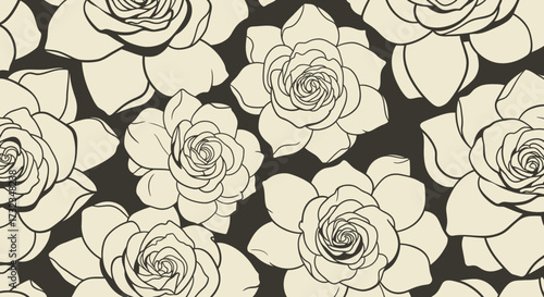 Floral pattern of beige roses with dark outlines on dark background