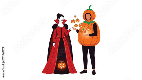 Spooky Halloween Costume: A couple dressed up in vampire and pumpkin costumes share a joyful moment in an artistic illustration.