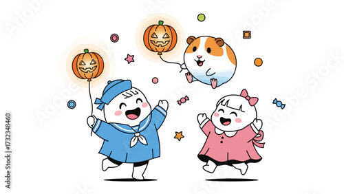 Halloween Celebration: Adorable cartoon children joyfully frolic, accompanied by a playful floating guinea pig, all under the enchanting glow of Halloween lanterns and delightful candy!