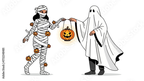 Halloween Encounter: A spooky Halloween illustration depicts a mummy interacting with a ghost. The ghost holds a glowing jack-o'-lantern. A captivating visual of two iconic holiday characters.