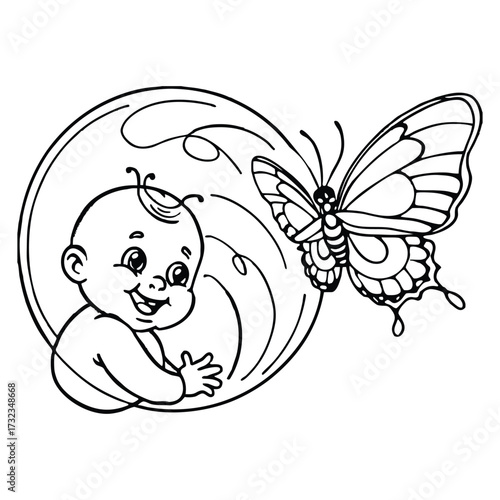 Butterfly circling curious smiling baby
