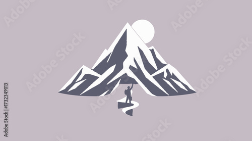A climber stands on a path below a mountain range, with a bright sun shining behind the peaks.