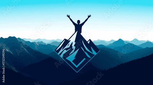 Silhouette of a person with arms raised atop a mountain peak, set against a backdrop of layered mountain ranges.