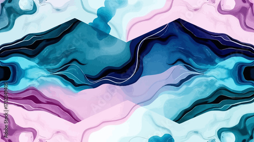 Abstract symmetrical artwork featuring flowing shapes and lines in shades of blue, pink, and purple, creating a calming, dreamlike effect.