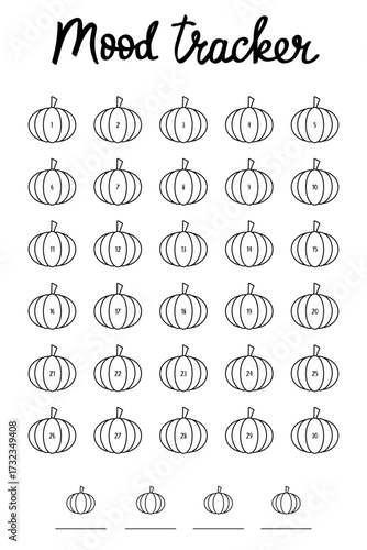 Mood tracking template with pumpkins for the fall months. Worksheet with 30 numbered pumpkins for daily mental health monitoring. Perfect for a diary, bullet journal, or planner insert. PNG and vector