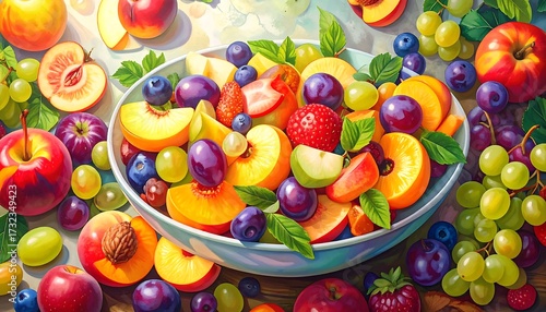 Colorful fruit salad in a bowl, with many types of fruit