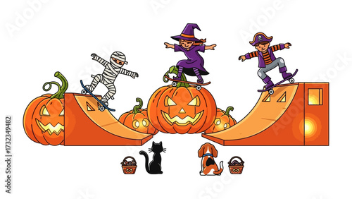 Halloween Skateboarding Spectacle: A vibrant illustration showcases a Halloween-themed scene with skateboarders dressed as a mummy, witch, and a boy skateboarding on the orange pumpkin ramp.