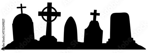Old cemetery silhouettes with rounded marble tombs and catholic celtic crosses, cracked stone headstones in grass