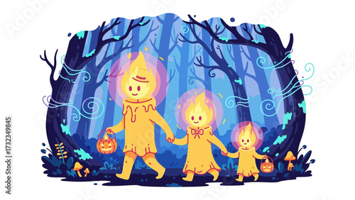 Candle Family's Forest Adventure: A heartwarming illustration of a family of candle figures embarking on a whimsical journey through an enchanting forest, carrying Jack-o'-lantern baskets.
