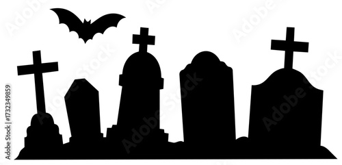 Gothic cemetery silhouette with tall gravestones, broken crosses and flying bat for Halloween haunted