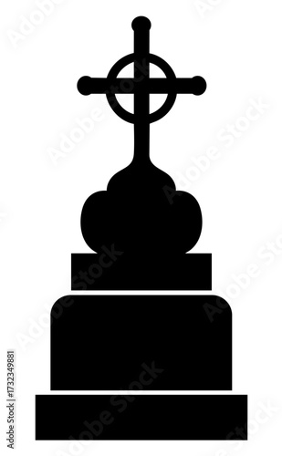 Old stone monument with Christian cross on pedestal, old historic cemetery memorial. Monumental stone headstone