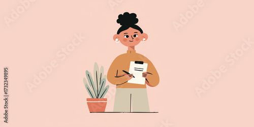 A person filling a form near the potted plant, a symbol of order, discipline, and productivity in work-life balance.