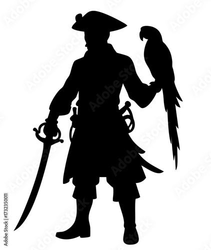 Pirate captain with parrot on shoulder, male corsair silhouette with sabre and coat