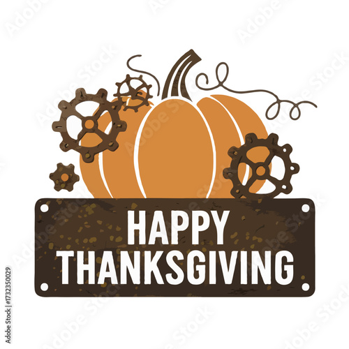 Steampunk pumpkin happy thanksgiving sign isolated on white background