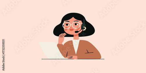 An illustration depicting a customer service representative at work, engaging in remote support, telecommunications, and assistance.