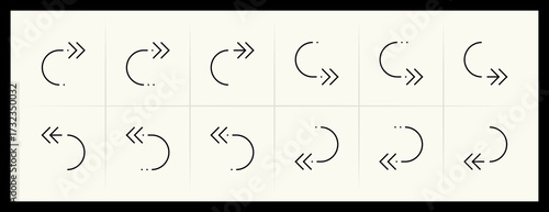 Outline circular and curved arrow icon set. Direction, navigation, downward, reload, clockwise, turn down, turn left, upward and more.