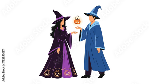 Halloween Wizards and Witch Exchange: A charming illustration showcasing a witch and wizard, set against a clean backdrop. The pair engages in a friendly exchange.