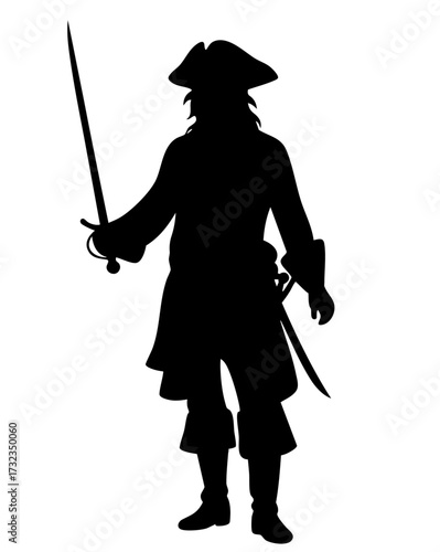 Adult male pirate with sword, classic buccaneer silhouette in coat and tricorn hat, sea warrior
