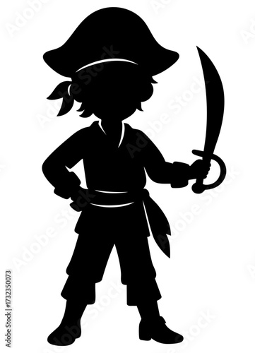 Young pirate boy with sabre, child buccaneer silhouette in classic hat and belt, adventure seeker